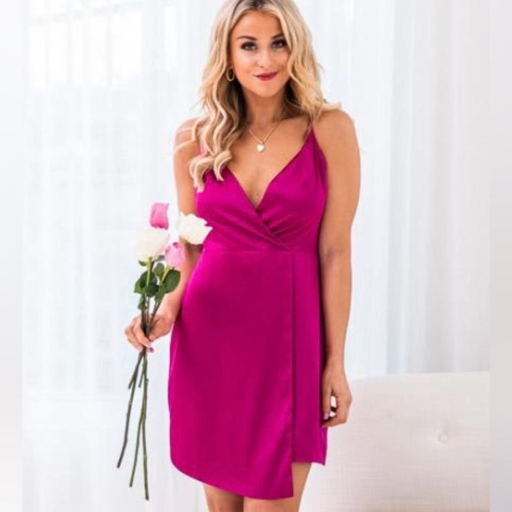 Pink Lily Whimsical Nights Magenta Satin Asymmetrical Hem Mini Dress